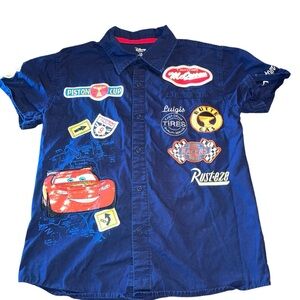 Disney Store Cars Little Bots button Down Short Sleeve Shirt Size 7/8 Navy Blue